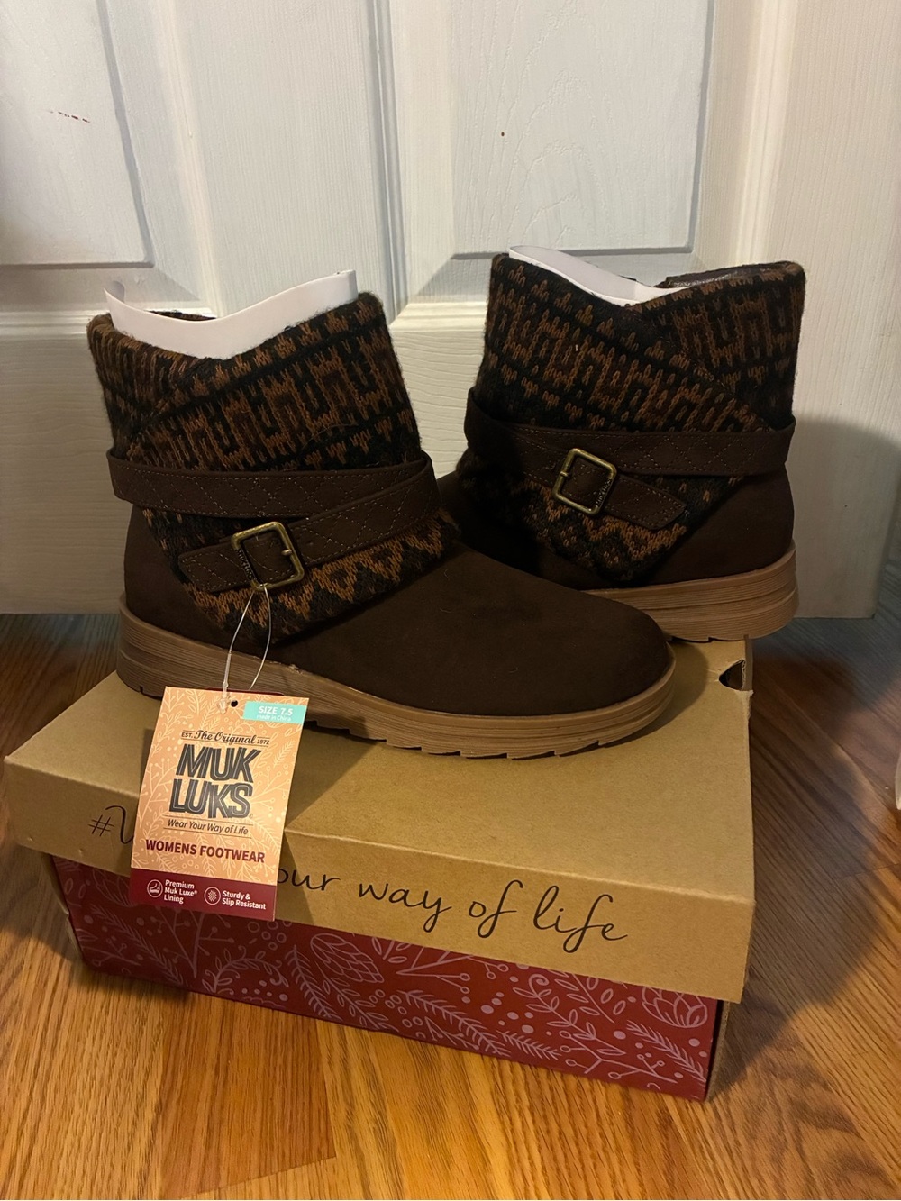 Muk Luks Brown Knit Cuff Ankle Boots with Buckle